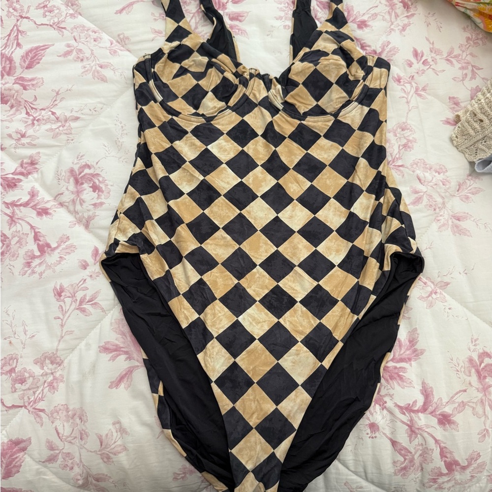 One-Piece Swimsuit in Black and Tan Checkerboard